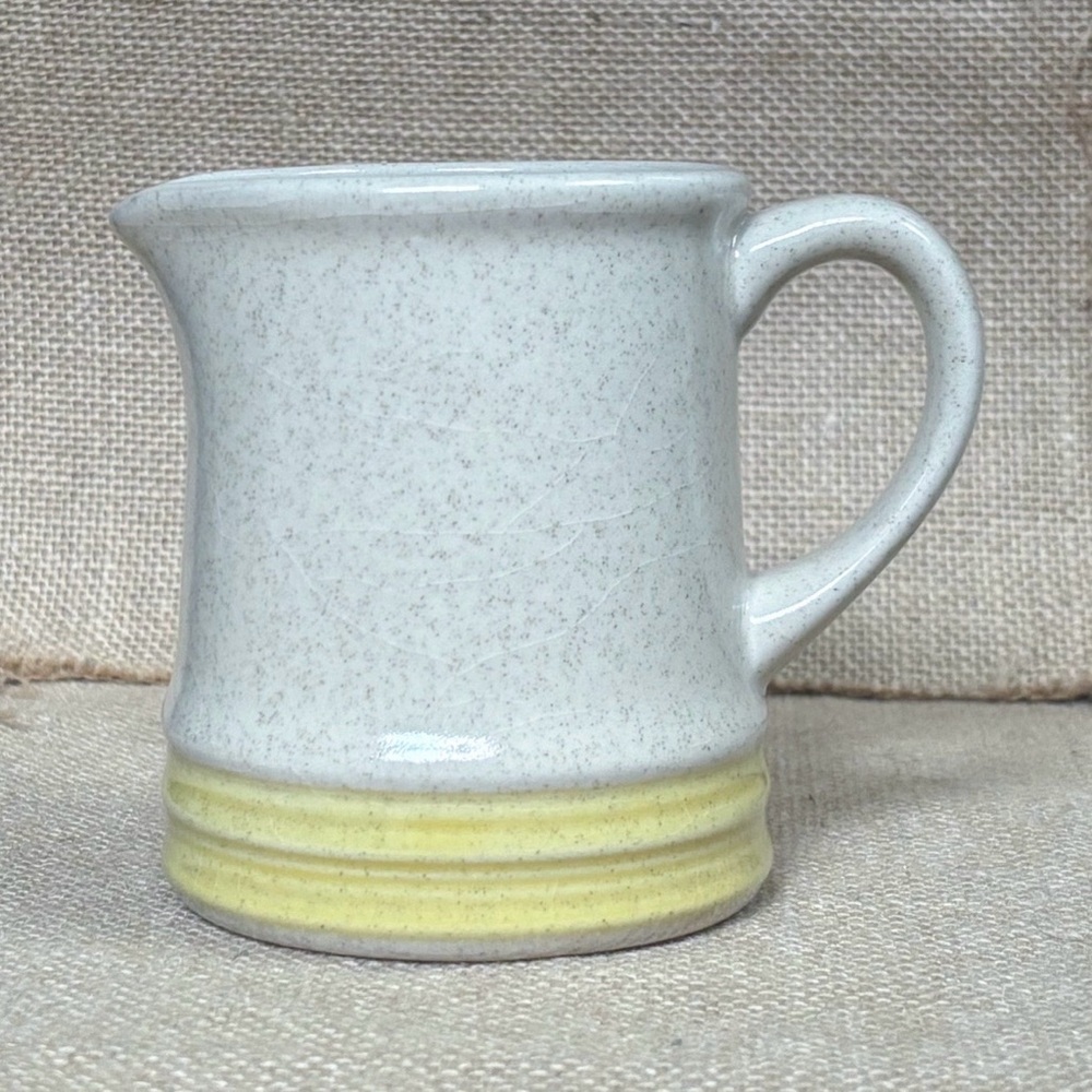 Vintage Speckled Stoneware Creamer w Yellow Trim Mid Century Modern Cottagecore